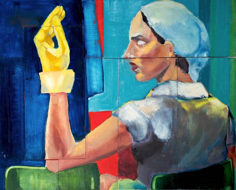 Women with Yellow Glove. Acrylic on wood. 26 x 31 in (6 panels of 8 x 18 in. (20.4 x 45.6 cm) ) Fig. 172
