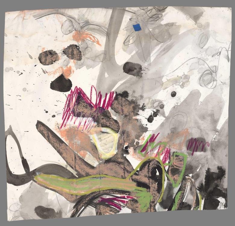 Abstract with Gray Black Bubbles. Mixed media on paper, 19 x 20.3 in (46.5 x 52 cm). Fig. 074