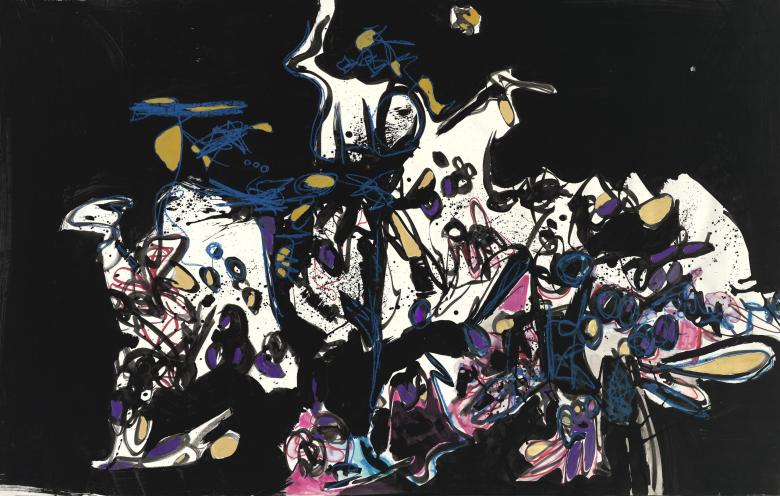 Abstract with Black Background. Acrylic on artist paper. 36.6 x 56 in (90.5 x 142 cm). Fig. 002