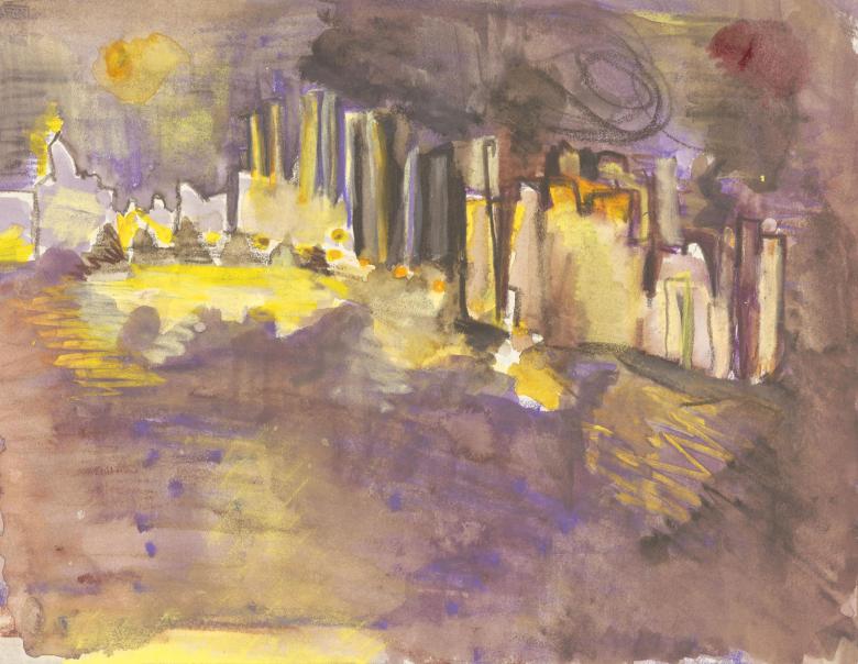 Manhattan at Sunset. Gouache and ink on artist paper, 9 x 11.6 in (29.5 x 23 cm). Fig. 262