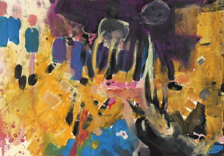 Blue Figures on Yellow II. Acrylic and gouache on artist paper, 11 x 15 in (27.6 x 38 cm). Fig. 019