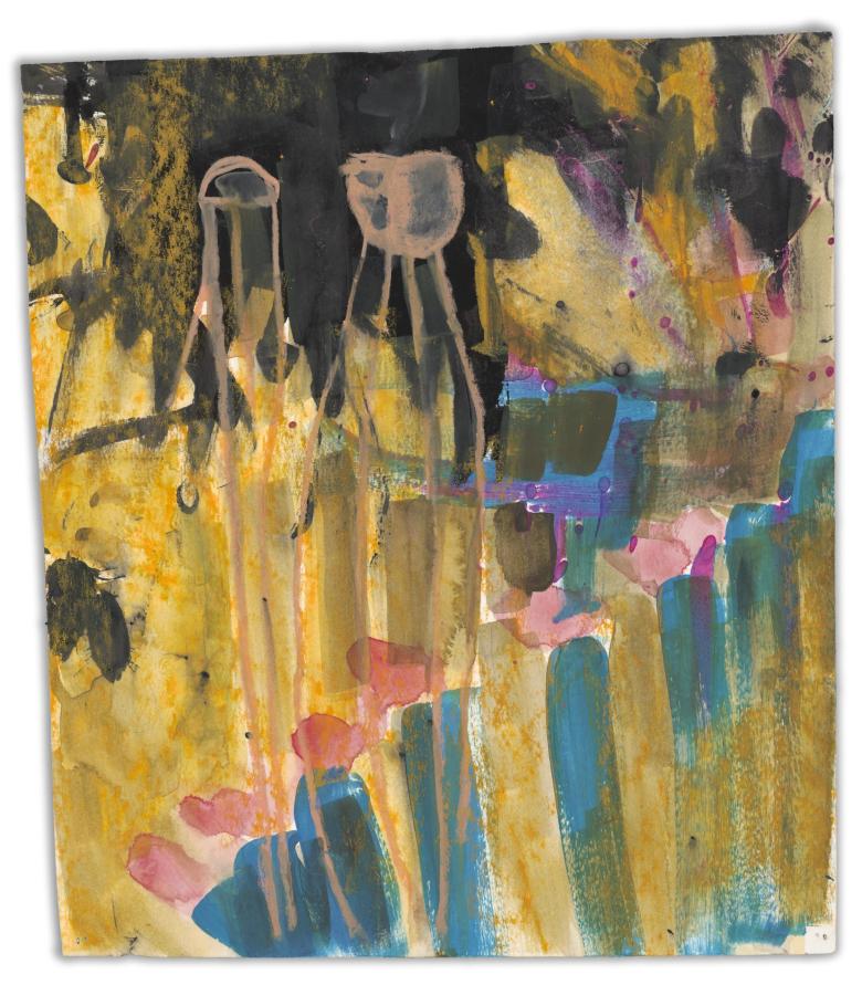 Blue Figures on Yellow. Acrylic and gouache on artist paper, 11.2 x 10.6 in (30 x 26.5 cm). Fig. 082