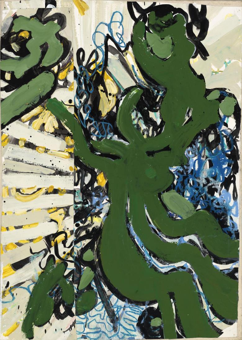 Abstract with Green Waves . Acrylic, sumi ink and pastel, 25 x 19 in. (67 x 48 cm). Fig. 023