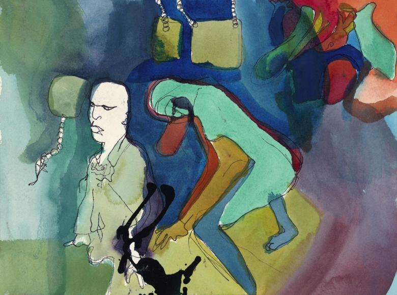 Man and Green Figure. Watercolor and ink on quality acid-free art paper, 9 x1 2.1in (23 x 31cm). Fig. 044