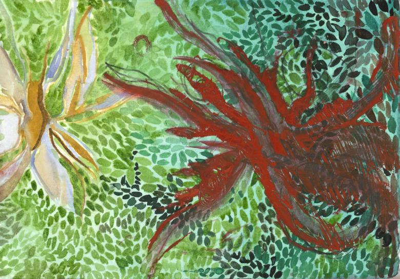 Abstract with green leaves and red. Acrylic and gouache on artist paper. 7.5 x 10.6 in (19 x 27 cm). Fig 363