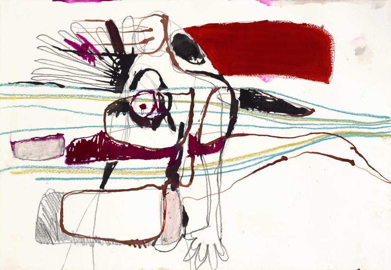 Abstract with Hand. Ink, pencil, gouache and pastel on artist paper. 15 X 21.5 in (38 x 55 cm). Fig. 371