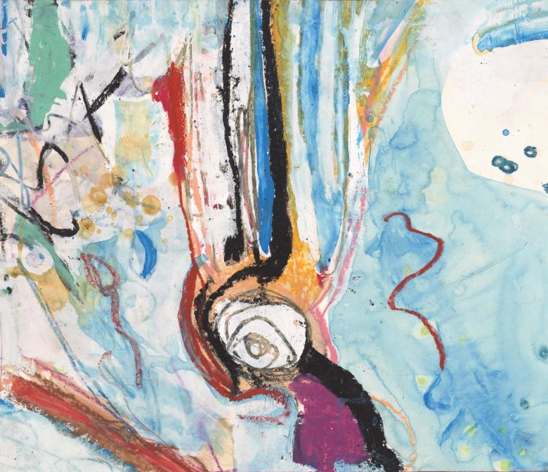 Abstract with white rose on light blue. Ink, gouache, charcoal, acrylic on paper. 12 x 14 in (30.5 x 35.5 cm). Fig. 361