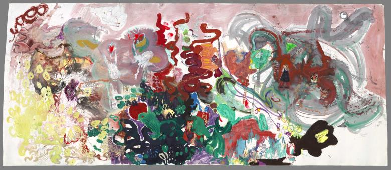 Painted by Ariane & Oliver de Lantsheere. Abstract with many colors and girl photo. Mixed media on heavyweight, acid-free, artist paper, 50 x 115 in (127 x 292 cm). Fig. 275