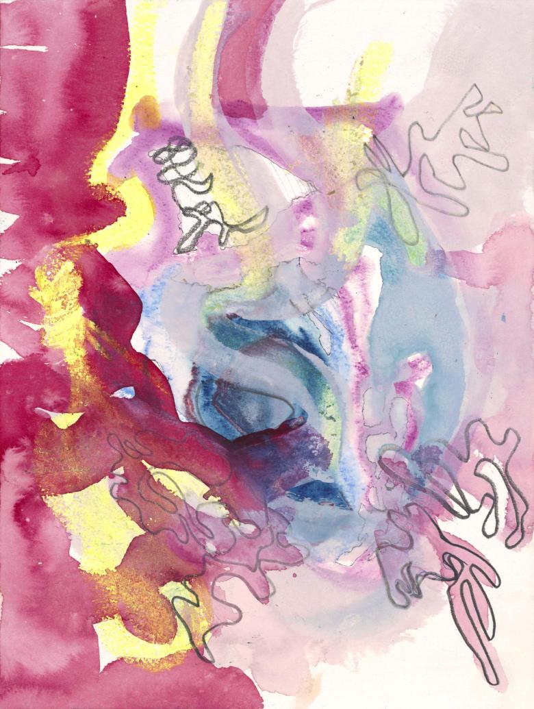 Abstract with Red Blues and Yellow. Watercolor, ink and pencil on artist paper. 9 x 12 in (23 x 30.5 cm). Fig 374