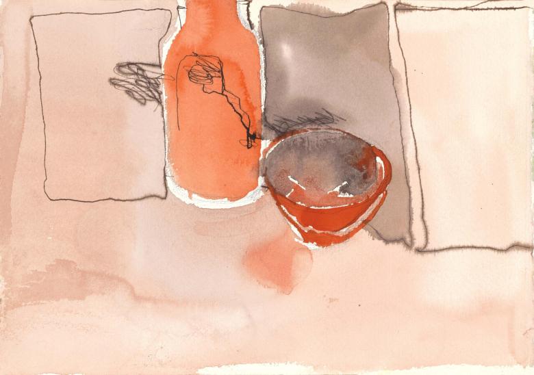 Bottle and Bowl. Goauche and ink pen on artist paper. 7.5 x 10.6 in (19 x 27cm) . Fig. 365