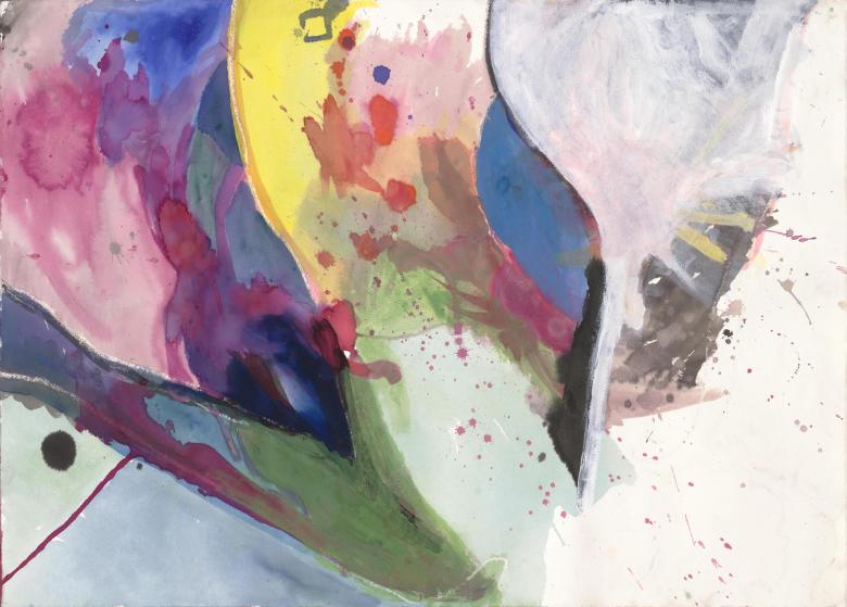 Abstract wih blues, pink, and yellow on artist paper. Fig. 388