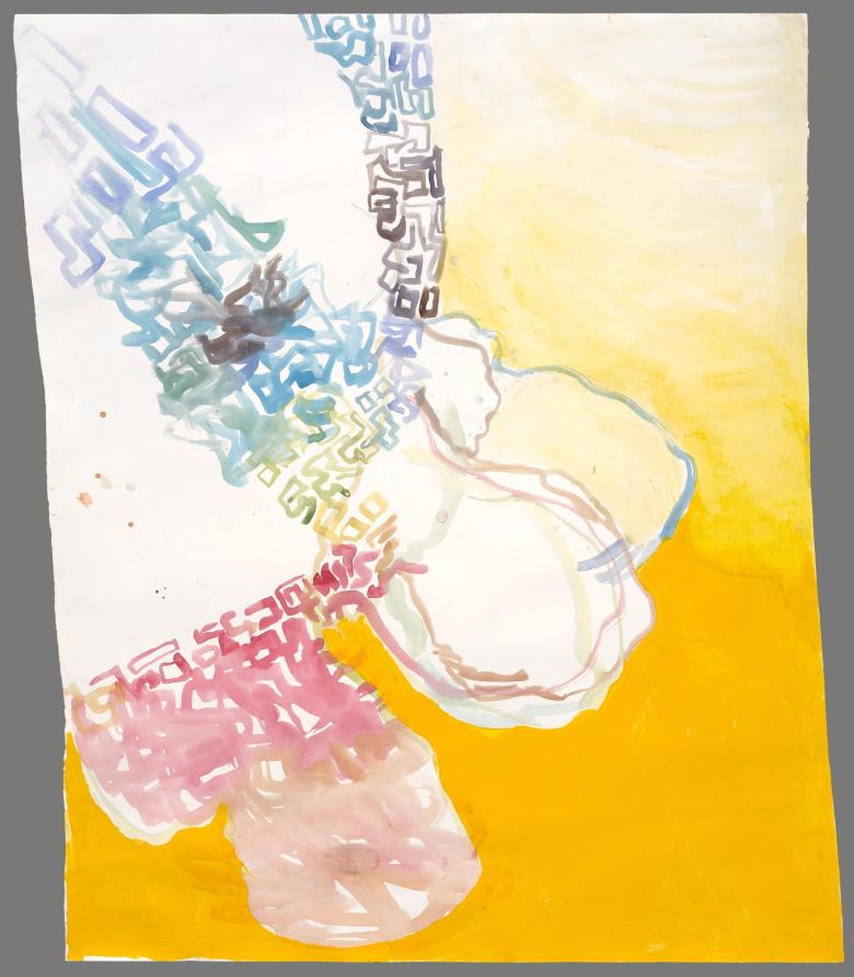 Abstract with yellow background. Ink and gouache on artist paper. 46 x 40 in (116.5 x 102 cm). Fig. 386