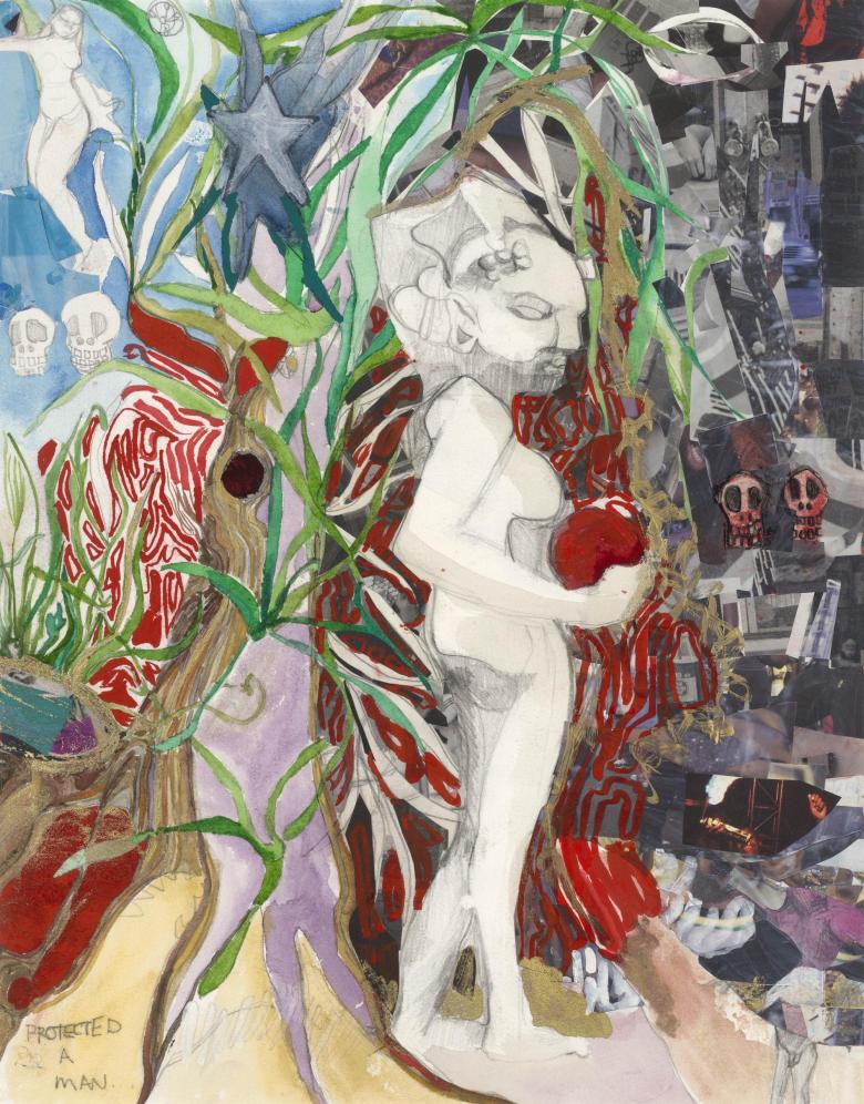 Protected a Man. Collage, watercolor, ink, graphite, marker on artist paper. 17.5 x 13.8 in (44 x 35 cm). F043