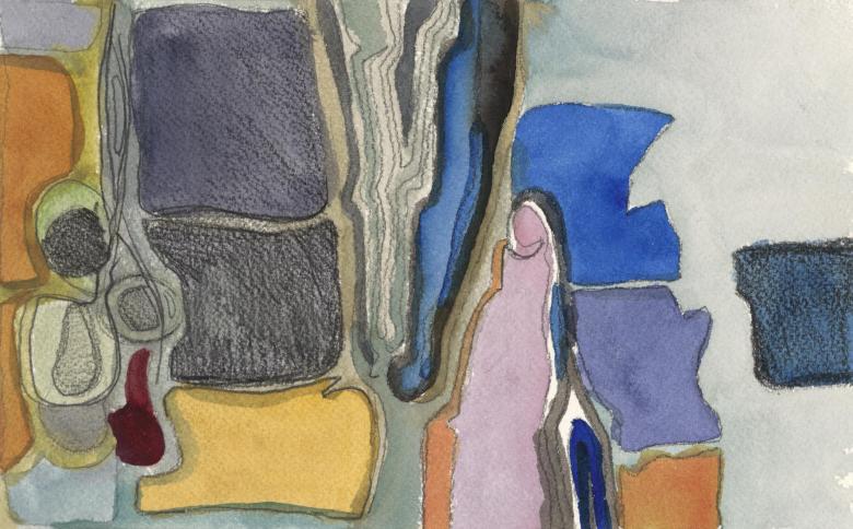 Abstract with Pink Figure. Watercolor and pencil on artist paper. 6 x 9.5 in (15 x 24.5 cm). Fig. 216