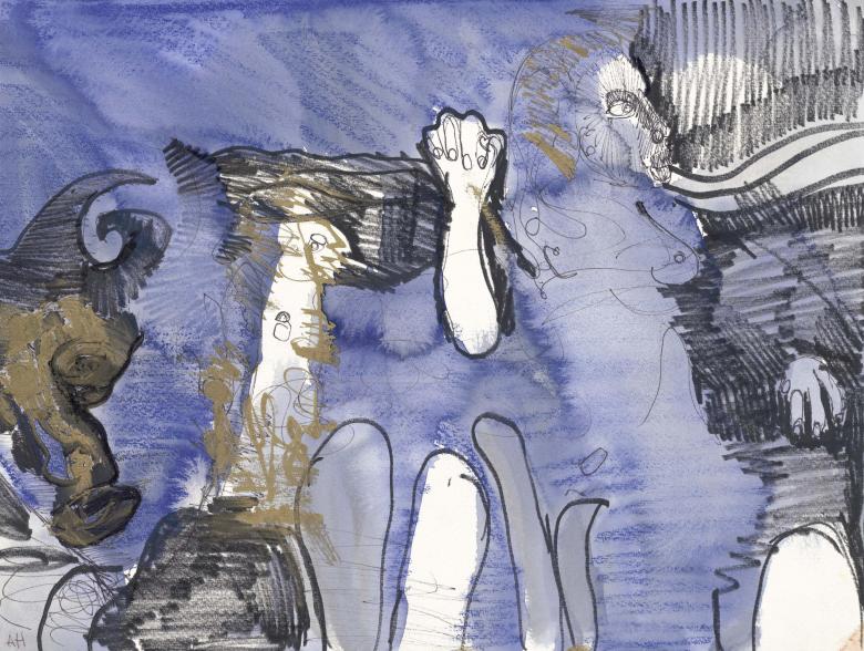 Figures on Blue and Gold. Mixed media on on high quality acid-free art paper. Fig. 348