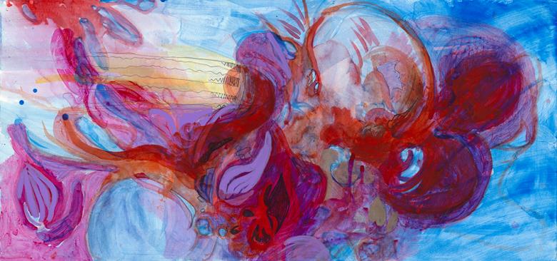 Abstract with Blue and Red. Mixed media on art paper, 13 x 28 in - (33.2 x 70.5 cm). Fig. 068