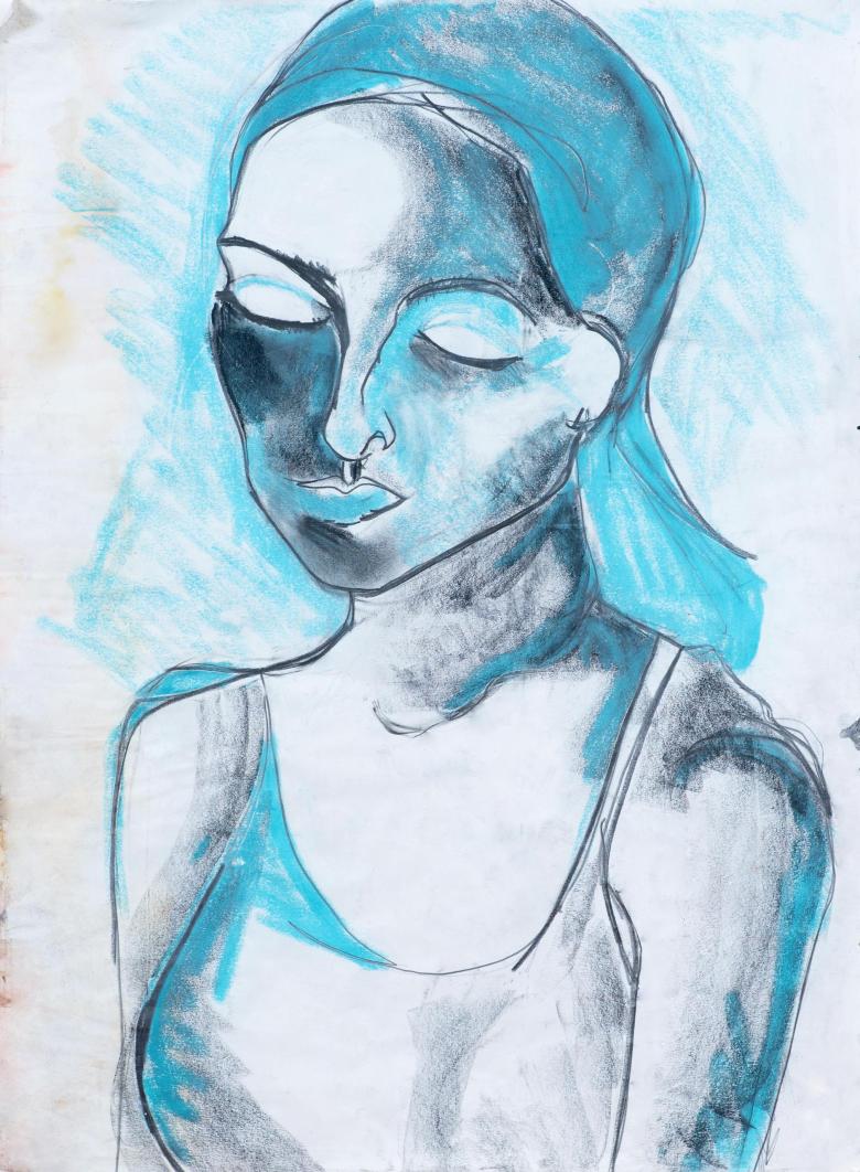 Ariane in Turquoise. Pencil and pastel on paper. 24 x 18 in (60.5 x 46 cm). F164
