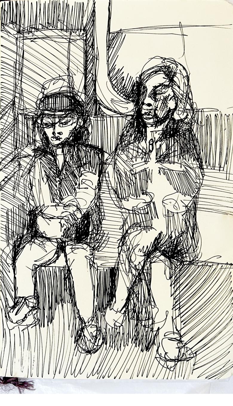 Sketchbook.Two men in the subway. Ink, pen on artist paper. 8 x 5 in (21 x 13 cm). Fig. 396