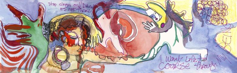 Sketchbook. Stop Clinging…Watercolor and markers on artist paper, 5 x 16 in (13 x 41 cm) Fig. 145